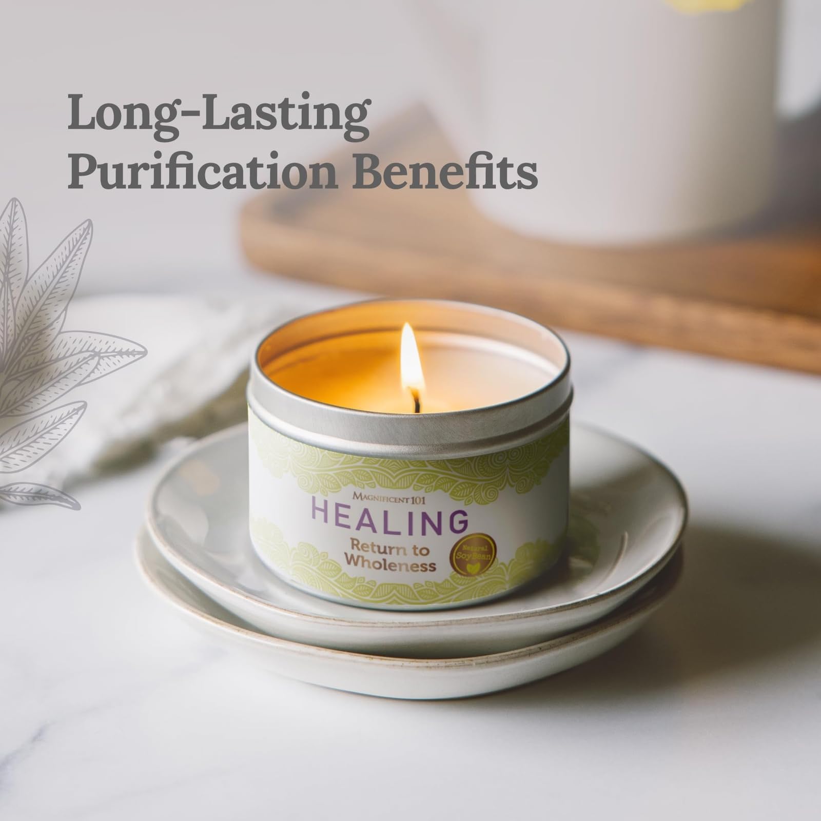 Magnificent 101 Healing Aromatherapy Candle in 6-oz. Tin Holder: 100% Natural Soy Wax with Palo Santo, Sandalwood & Lavender Ess